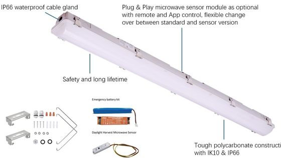 工業用LED蒸気密着灯具 IP66 IK10 2ft/4ft/5ft/8ft 120-277V/120-347V 入力電圧